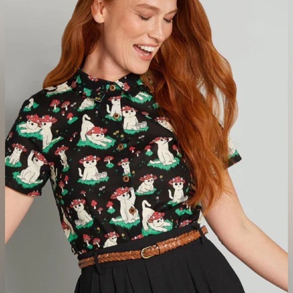 Kitty's Day Trip Button-Up Top By Dangerfield, Black Cats, Size 10 AU, NWT